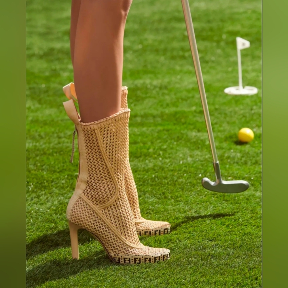 Fendi 105mm FF Woven Raffia Spring '21 Runway Zip Mid Calf Booties Size EU 38 - Picture 14 of 15